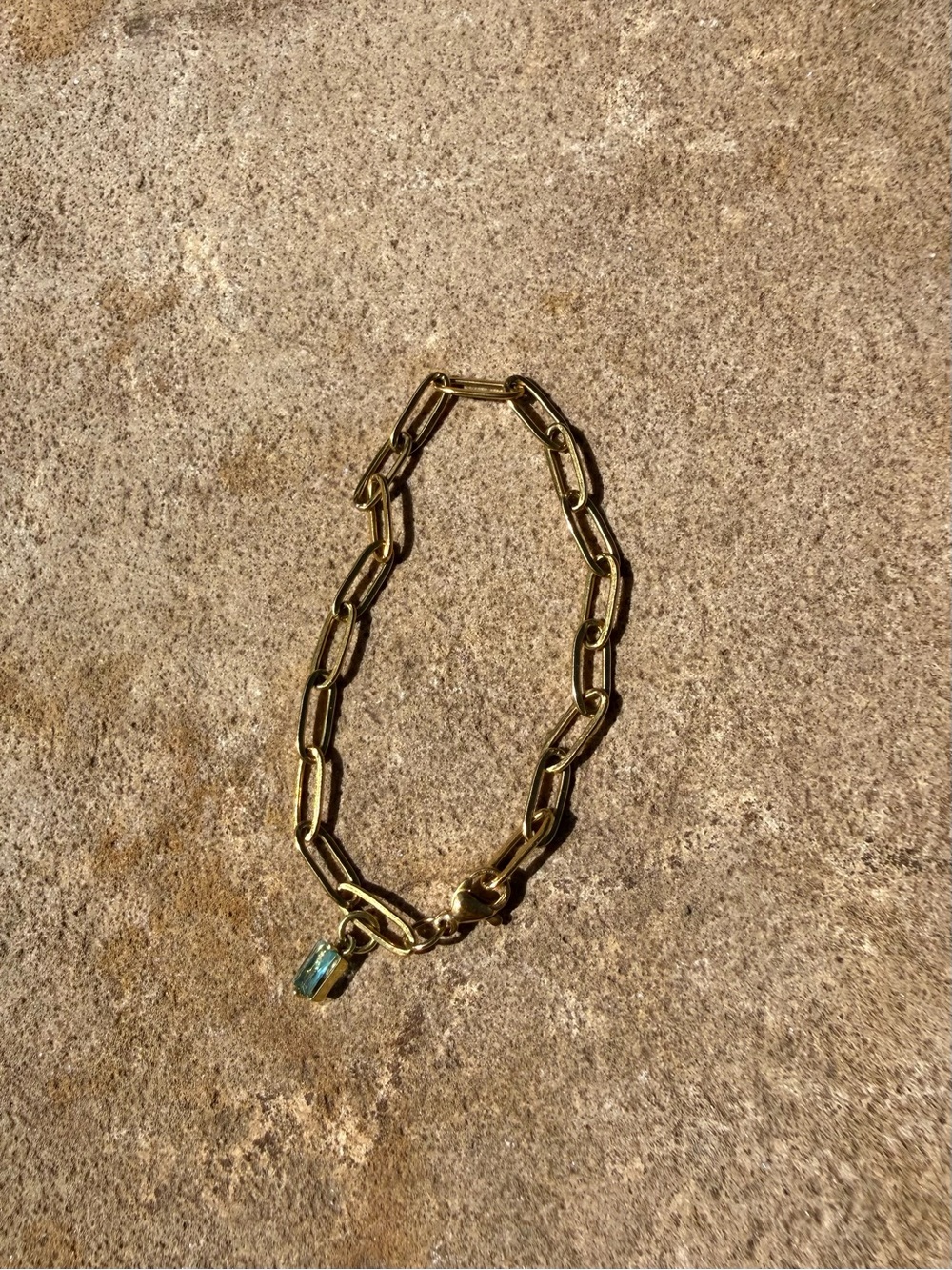 Gold Chain Link Bracelet with Aqua Blue Crystal Charm